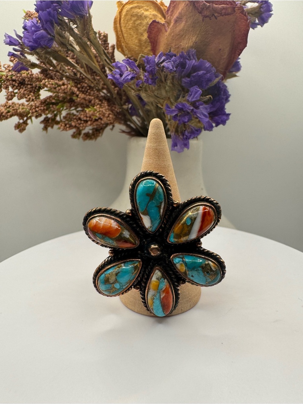 Spiny Oyster and Turquoise Cluster Flower Copper Ring (Adjustable)